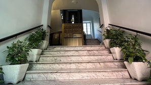 A marble staircase with potted plants on either side, leading to a landing with a door and a small staircase. - Casa Anna - Vatican City  (Rome)