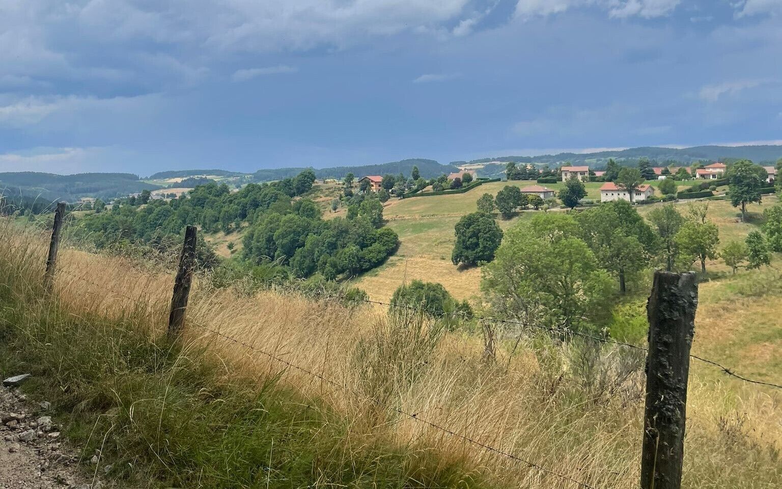 A rural landscape with a fence, trees, and distant houses.