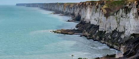 A coastal cliff with a view of the sea.