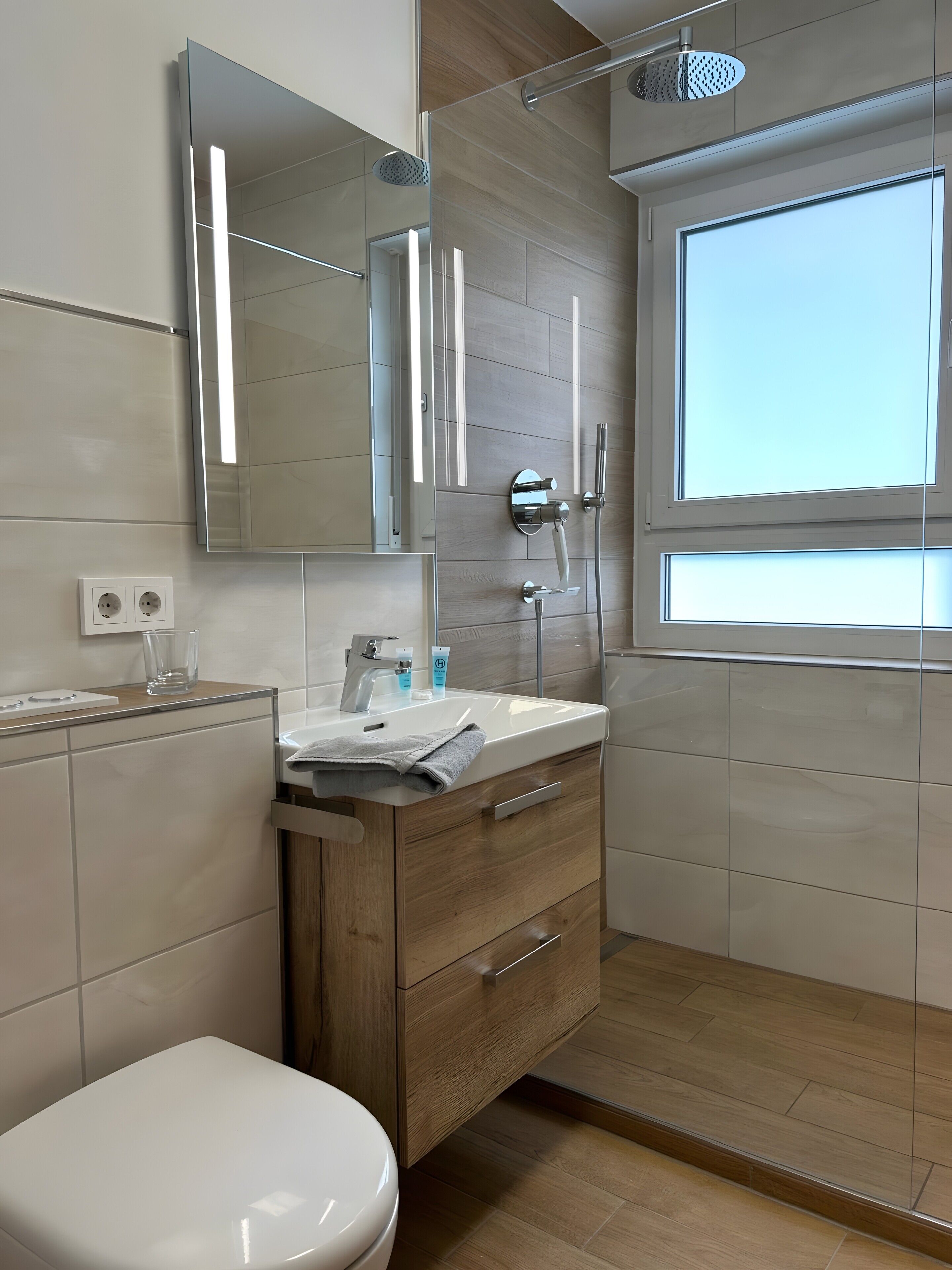 Shower, hair dryer, towels