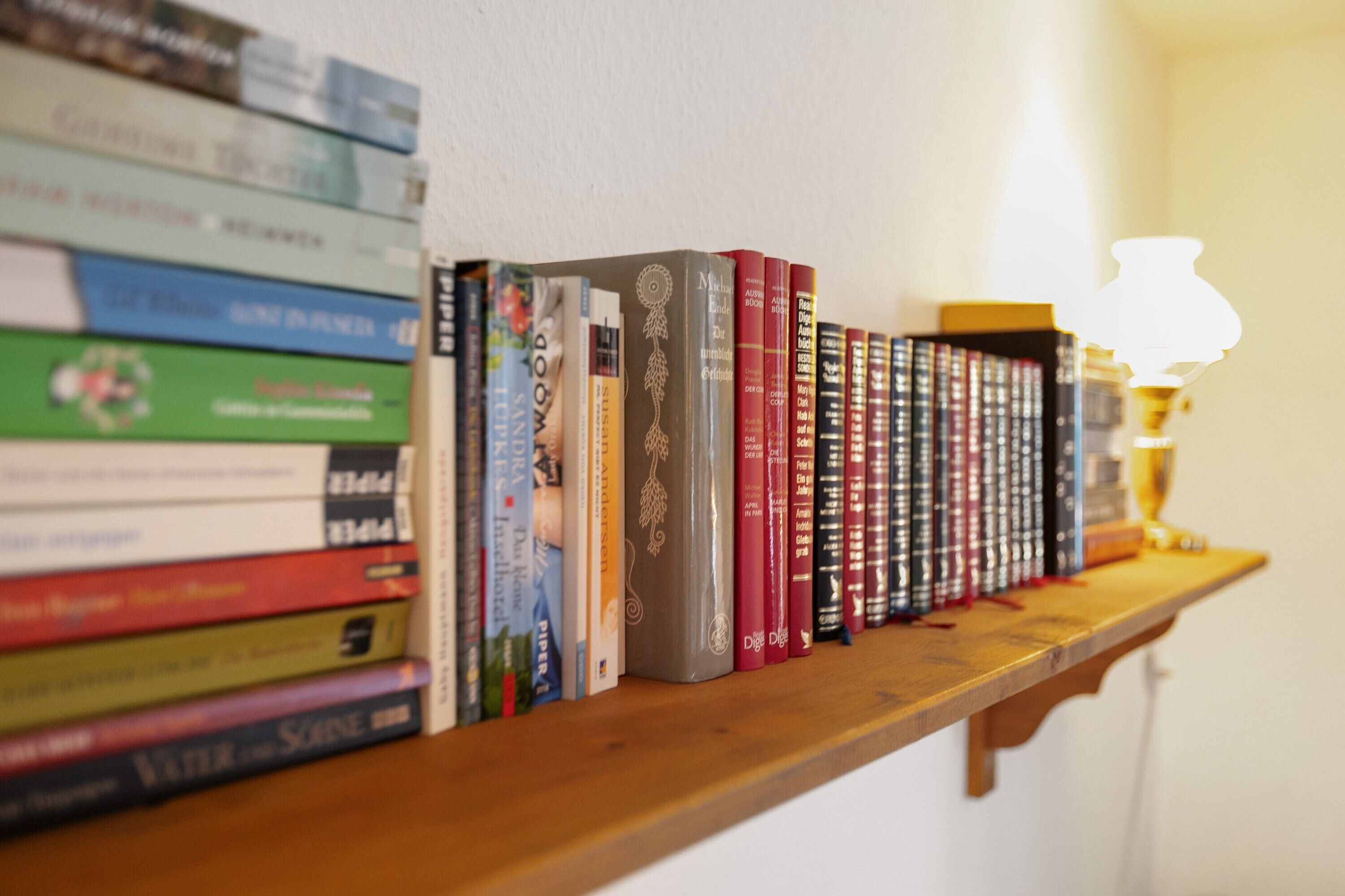Uma estante de madeira com diversos livros e uma lâmpada.