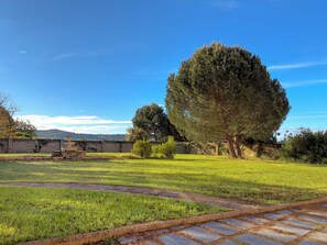 A grassy outdoor area with a stone wall, a large tree, and a stone fountain. - Checkin Basic León Norte (Villaquilambre)