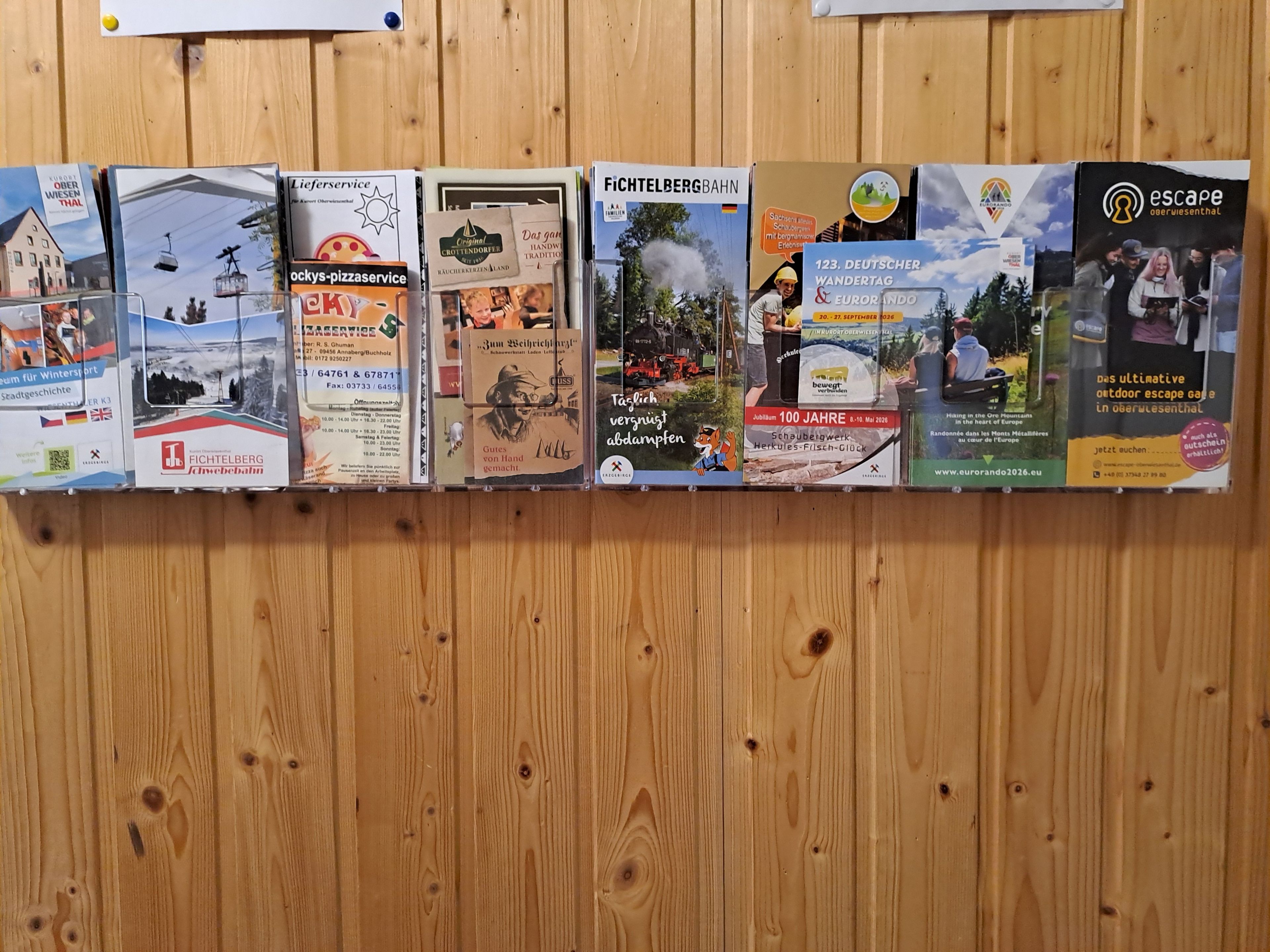 A row of travel brochures on a wooden wall.