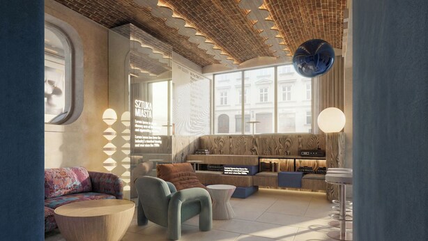 A modern interior with a brick ceiling, a sofa set, a round table, and a large window.