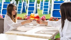 Two people toasting with drinks at an outdoor table with chairs and a garden view. - Villa Sara Resort (Venezia)