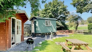 Een rustieke blokhut met een houten gevel, een klein bijgebouwtje, een barbecue en een picknicktafel in een gazon.