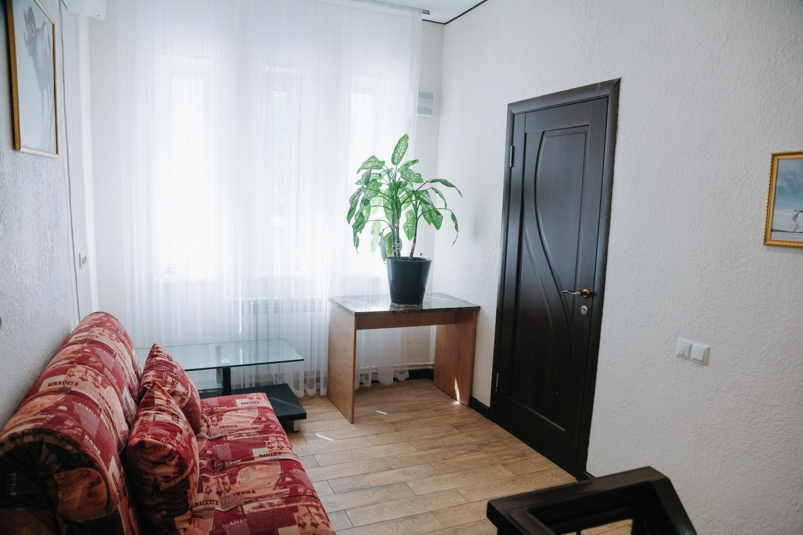 Un salon avec un canapé, une table sur laquelle est posée une plante en pot, une porte et un interrupteur sur le mur.