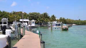 A dock with boats, a wooden walkway, and a clear view of the water. - Wahoo Watch Two Bedroom Condo (Stock Island)