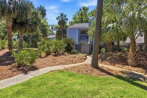 A residential area with a pathway leading to a house, surrounded by palm trees and a well-maintained lawn. - Pet-Friendly Shipyard Retreat | Pool & Tennis (Hilton Head Island)