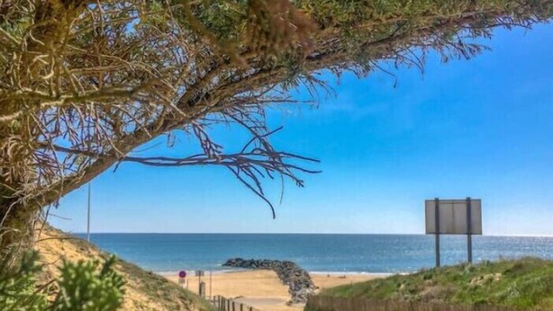 Ein Strand mit einer Holzlattenveranda, einem klaren Himmel und einer großen Felsformation in der Ferne.