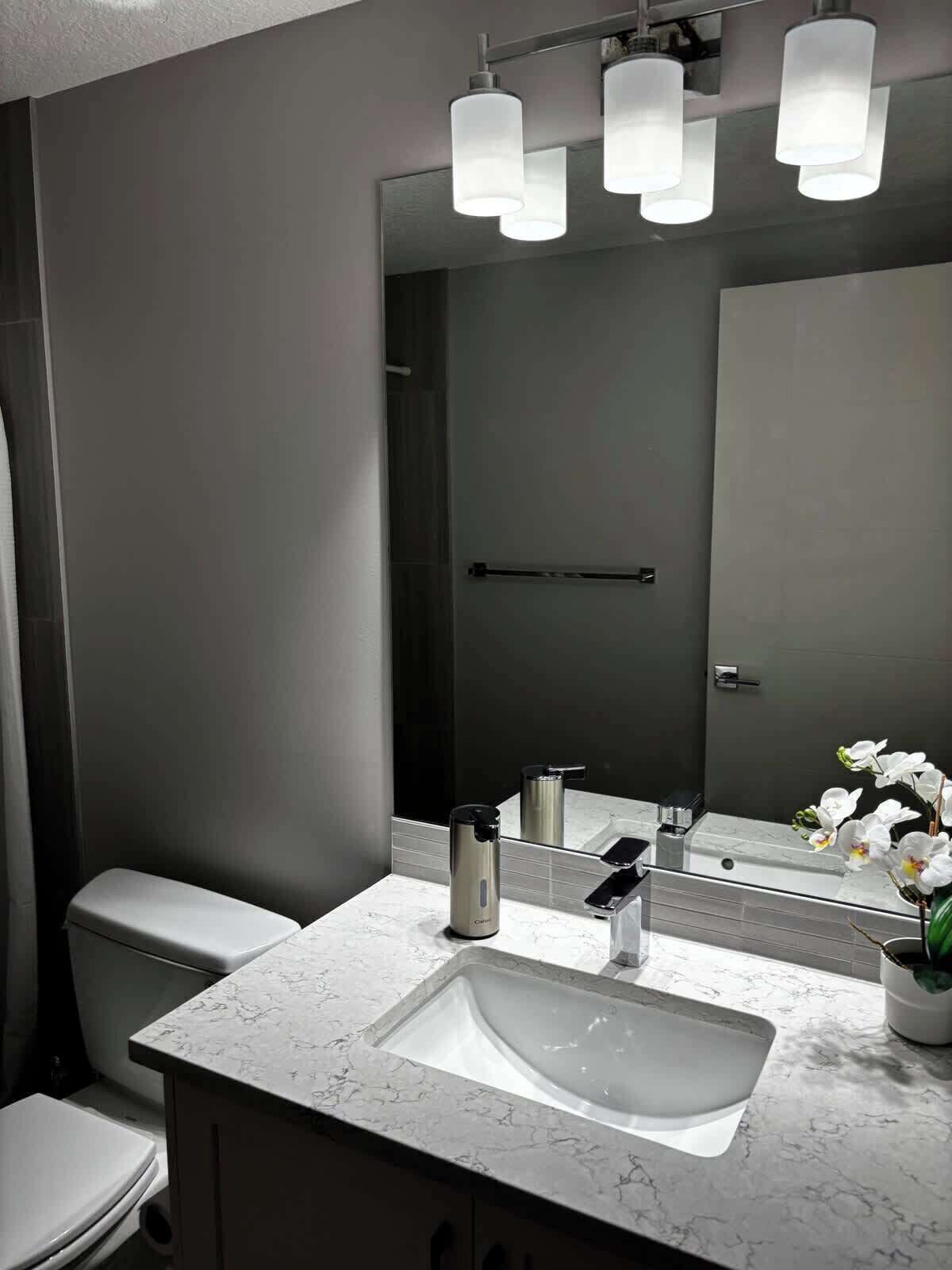 Une salle de bain moderne avec un lavabo en marbre blanc, des toilettes, un grand miroir et un espace douche.