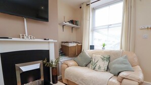 A living room with a fireplace, a sofa, a television, and a bookshelf.