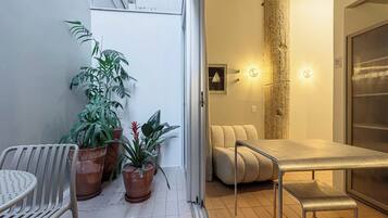 Une pièce moderne avec un canapé, une petite table et des plantes en pot.