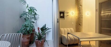 Une pièce moderne avec un canapé, une petite table et des plantes en pot.