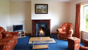 A living room with a fireplace, a television, and two armchairs. - 3 Bed in Dingle (oc-ii00613) (Feohanagh)