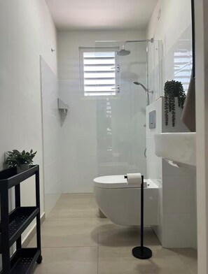 Regadera, secadora de cabello, toallas, papel de baño 