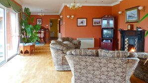 Un salon avec des canapés à motifs, une cheminée, un téléviseur et une grande plante.