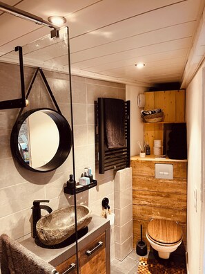 Shower, towels, toilet paper