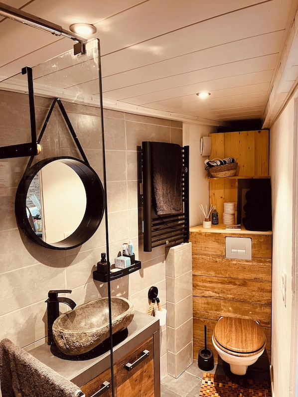 Shower, towels, toilet paper