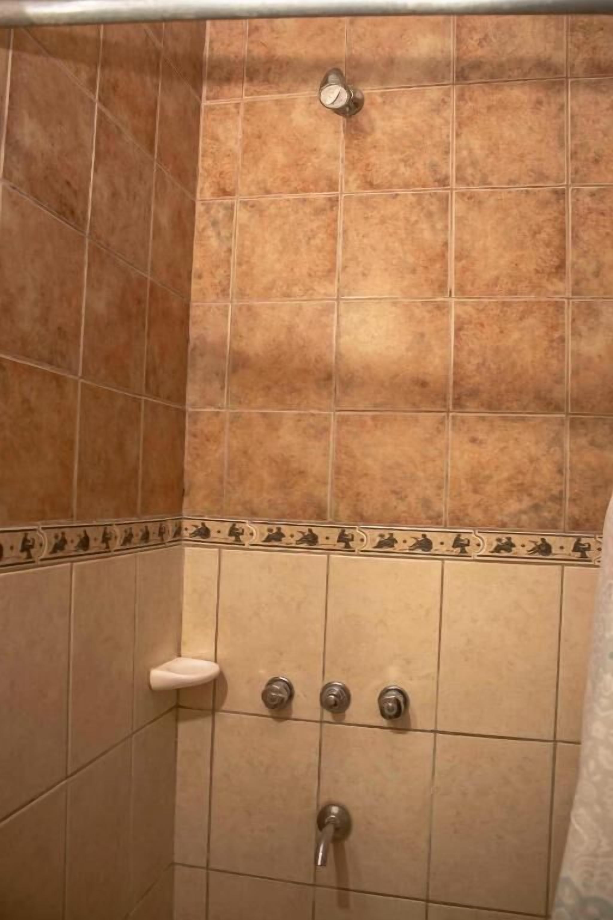 Ducha con azulejos color beige, un jabonera blanca y un cabezal de ducha.