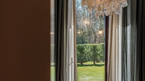 Une vue à travers une fenêtre avec des rideaux, un arbuste et des arbres en arrière-plan.
