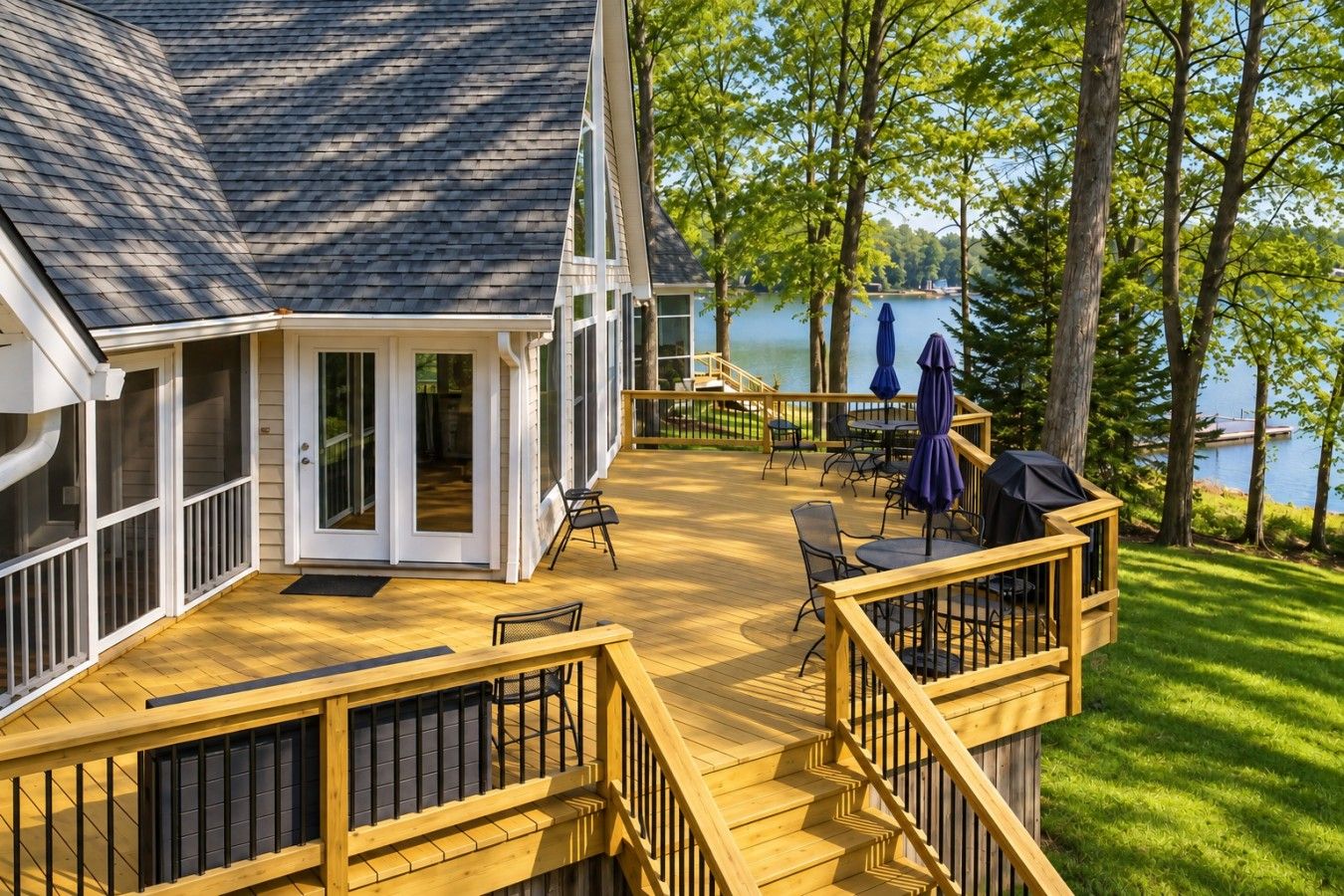 A deck with outdoor furniture and a view of a lake.