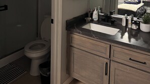 Un baño con inodoro, lavabo, espejo y zona de ducha.