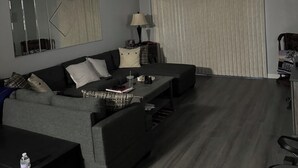 Una sala de estar con sofá, mesa de centro y ventilador de techo.