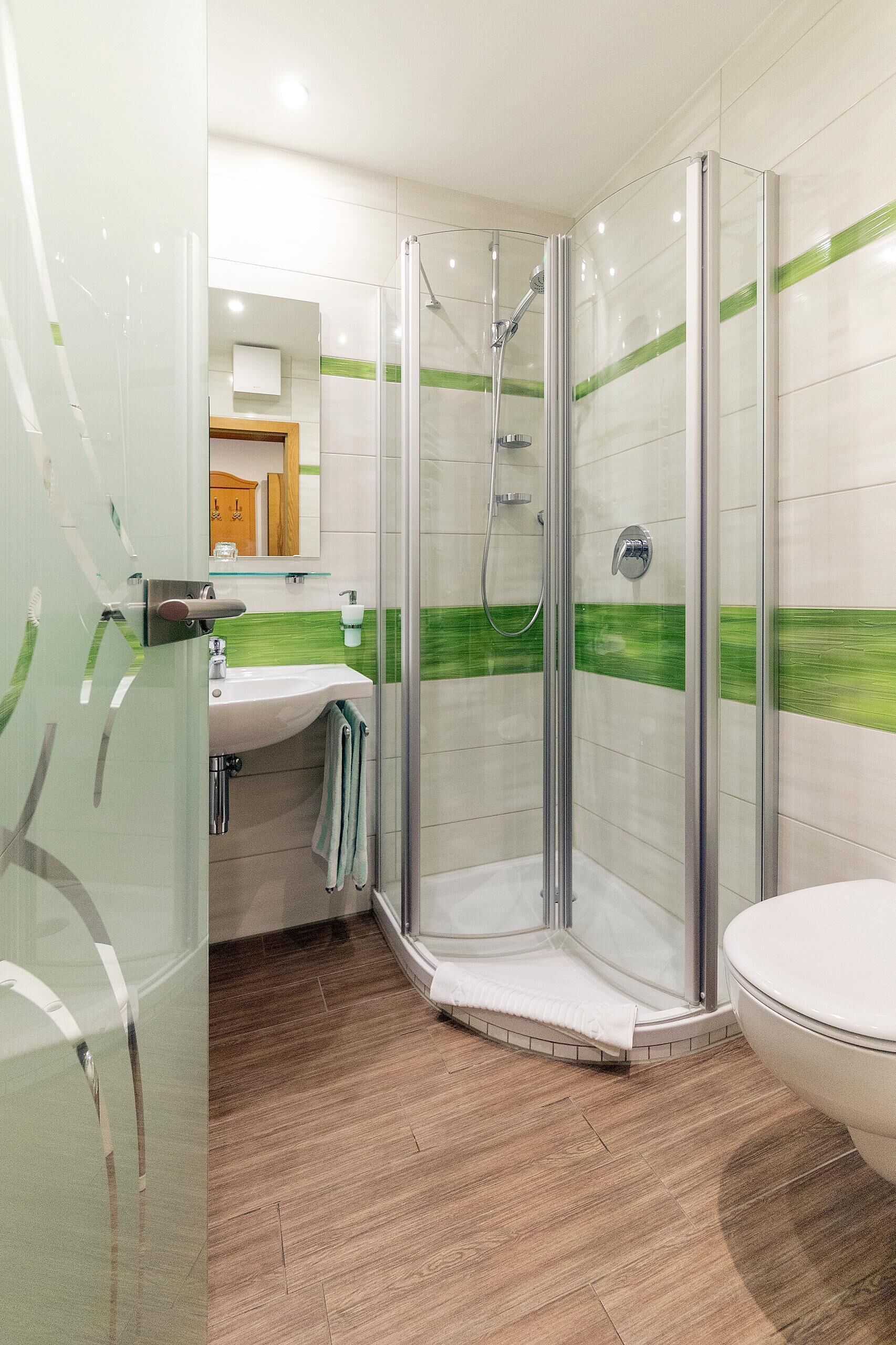 A modern bathroom with a glass-enclosed shower, a sink, and a toilet.