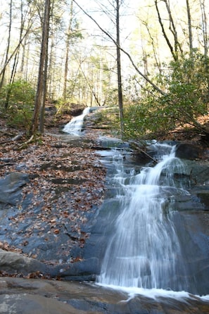 A waterfall in a forested area with rocks and fallen leaves. - Glamp Blue Ridge - Dome 2 Brunson (Gilmer County)