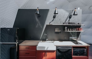 A compact kitchen with a modern design, featuring a black refrigerator, a sink, a stove, and a microwave. - Glamp Blue Ridge - Dome 5 Lilith (Gilmer County)