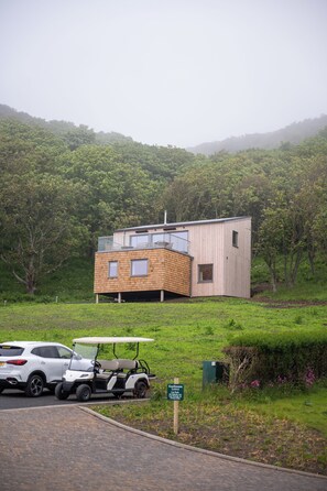 A modern house with a wooden exterior, a car, and a golf cart parked in front.