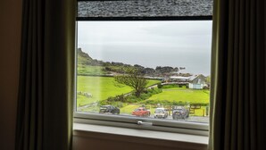 Vista desde una ventana a una zona costera con un campo cubierto de hierba, algunos edificios y coches aparcados.