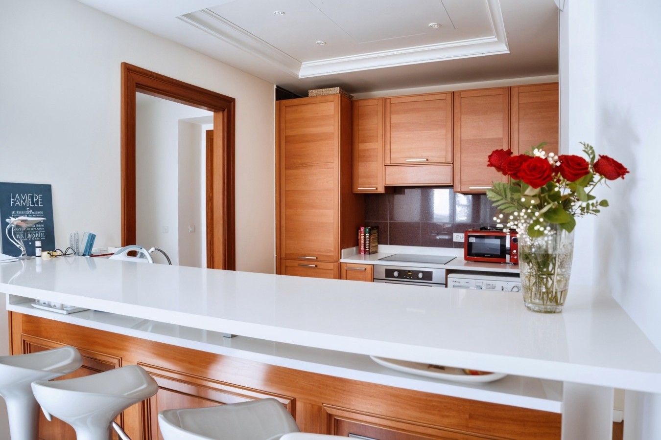 Una cocina moderna con armarios de madera, encimera blanca y un jarrón con flores rojas.