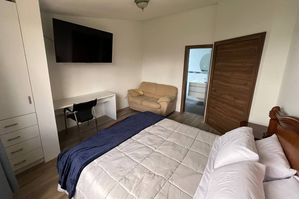 Ein Schlafzimmer mit Bett, Schreibtisch, Stuhl, Sofa, Kleiderschrank und Fernseher.