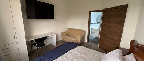 Un dormitorio con cama, escritorio, silla, sofá, armario y televisor.