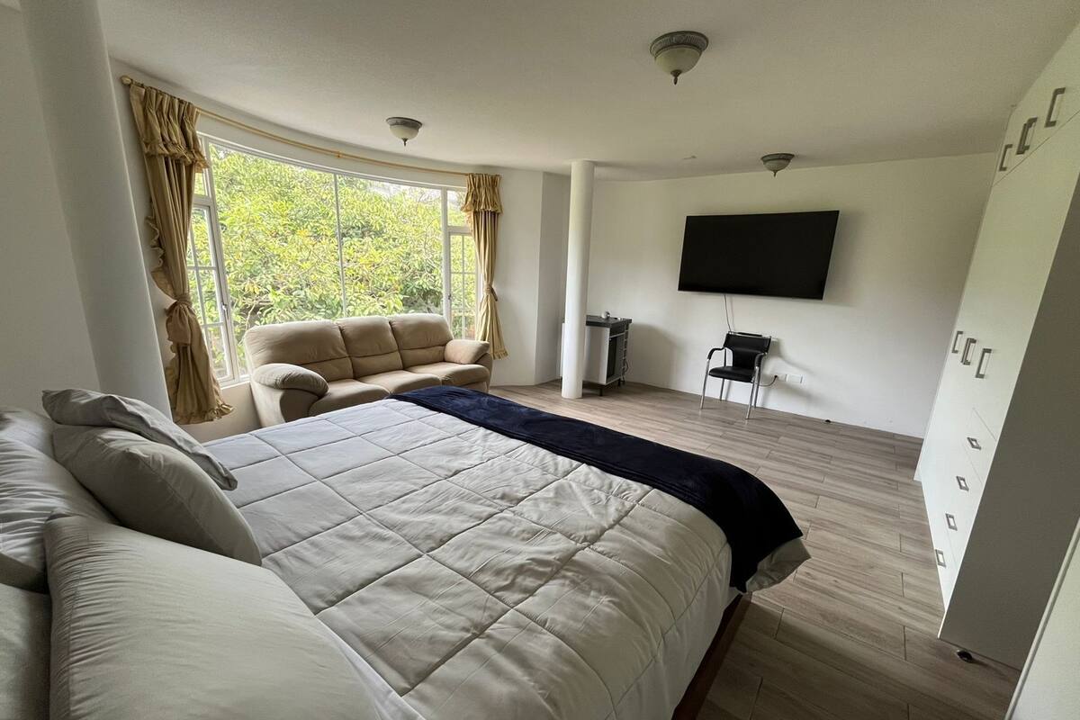 Ein Schlafzimmer mit einem Bett, einem Schlafsofa, einem Fernseher und einem Kleiderschrank.