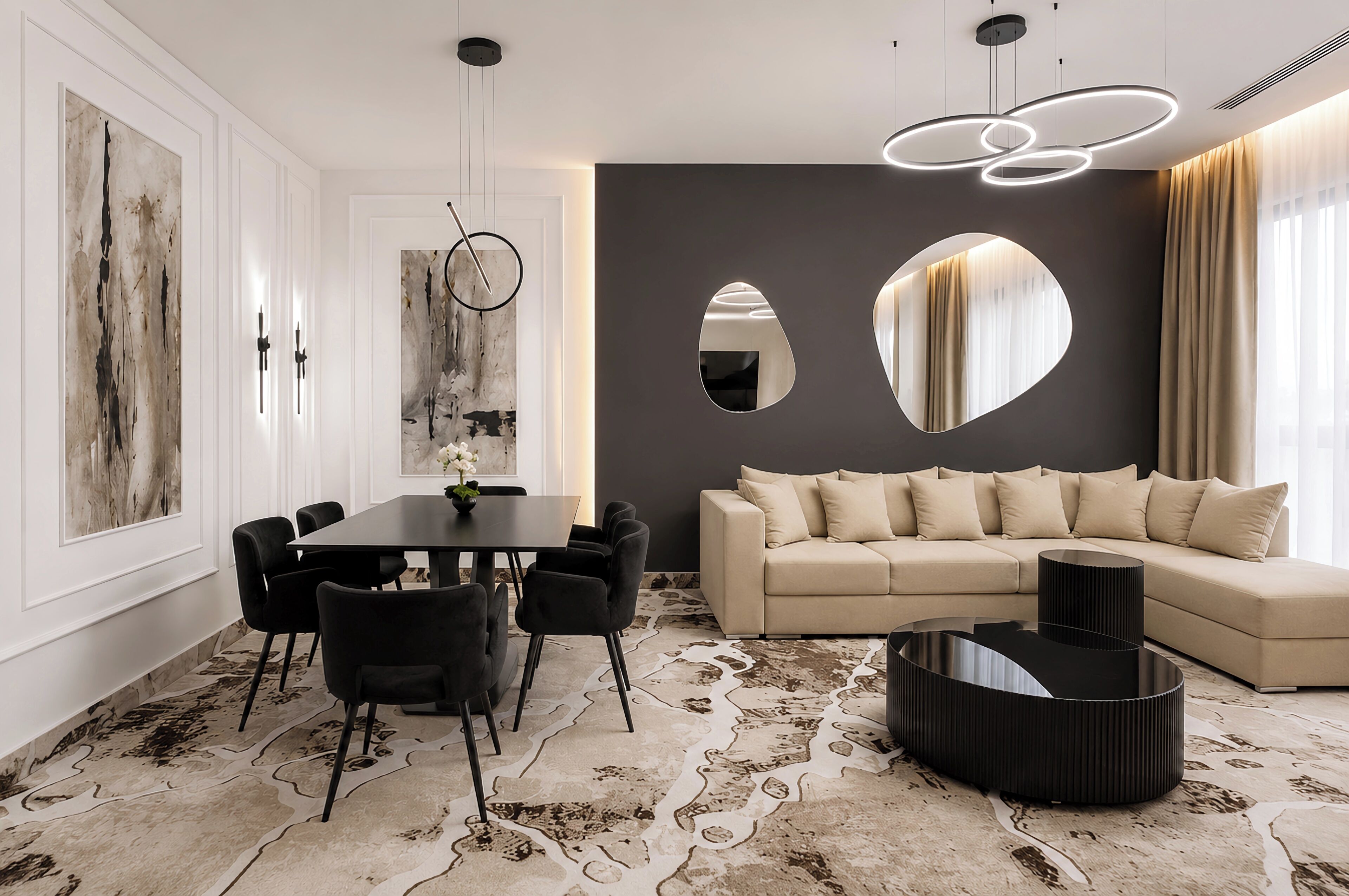 Ein modernes Wohnzimmer mit Essbereich, ausgestattet mit einer Couch, einem Couchtisch und einem Esstisch mit Stühlen.