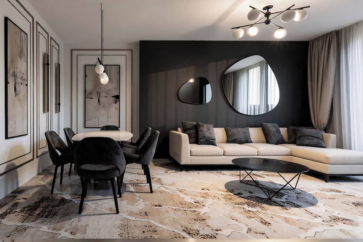 A modern living room with a sofa, chairs, a coffee table, a dining area with chairs, and a large mirror on the wall.
