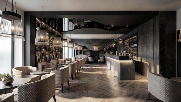 A modern bar area with high ceilings, pendant lighting, and a herringbone wood floor. - Hotel Galaxy Timisoara, A Member Of Radisson Individuals (Timisoara)