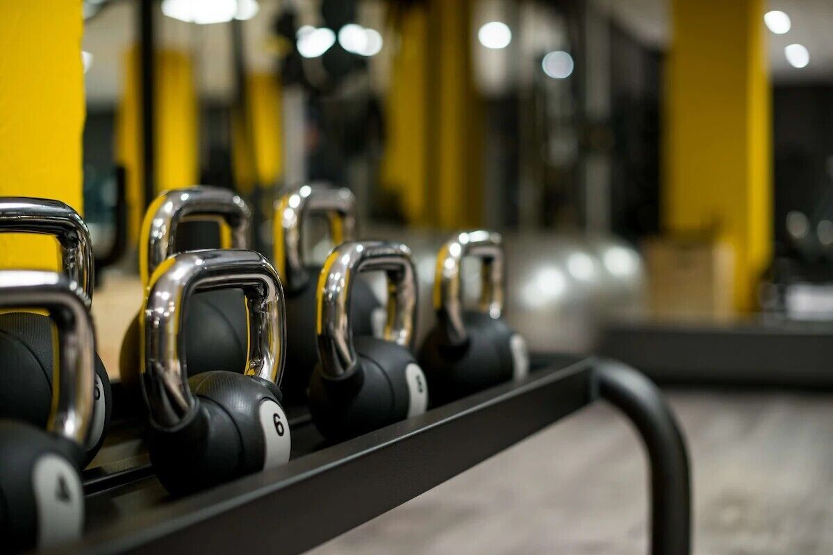 A row of black and silver dumbbells on a rack in a gym.