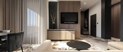 Una sala moderna con un sofá, una mesa de centro, una zona de comedor con una mesa y sillas, un televisor instalado en una pared de madera, y un ventanal con cortinas.