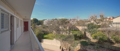 Un balcon donnant sur un quartier résidentiel, un mur en pierre et une porte rouge.
