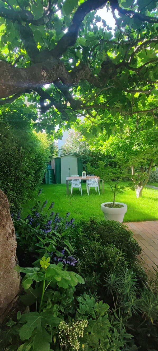 Un jardin avec une table et des chaises, un petit abri de jardin et diverses plantes.
