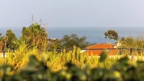 Vista costeira com um edifício e vegetação em primeiro plano.