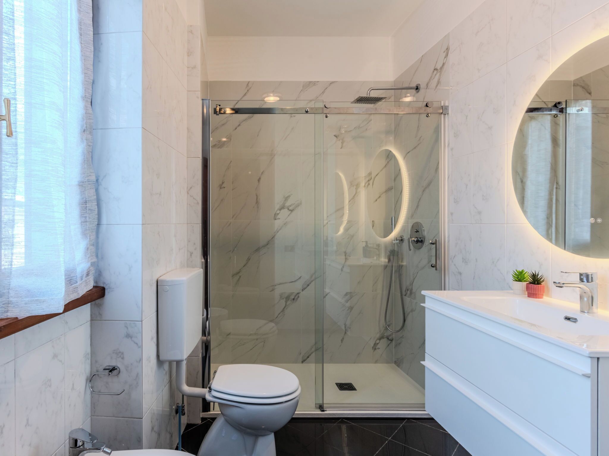 A modern bathroom with a glass-enclosed shower, a toilet, a vanity with a mirror, and a small plant on the counter.