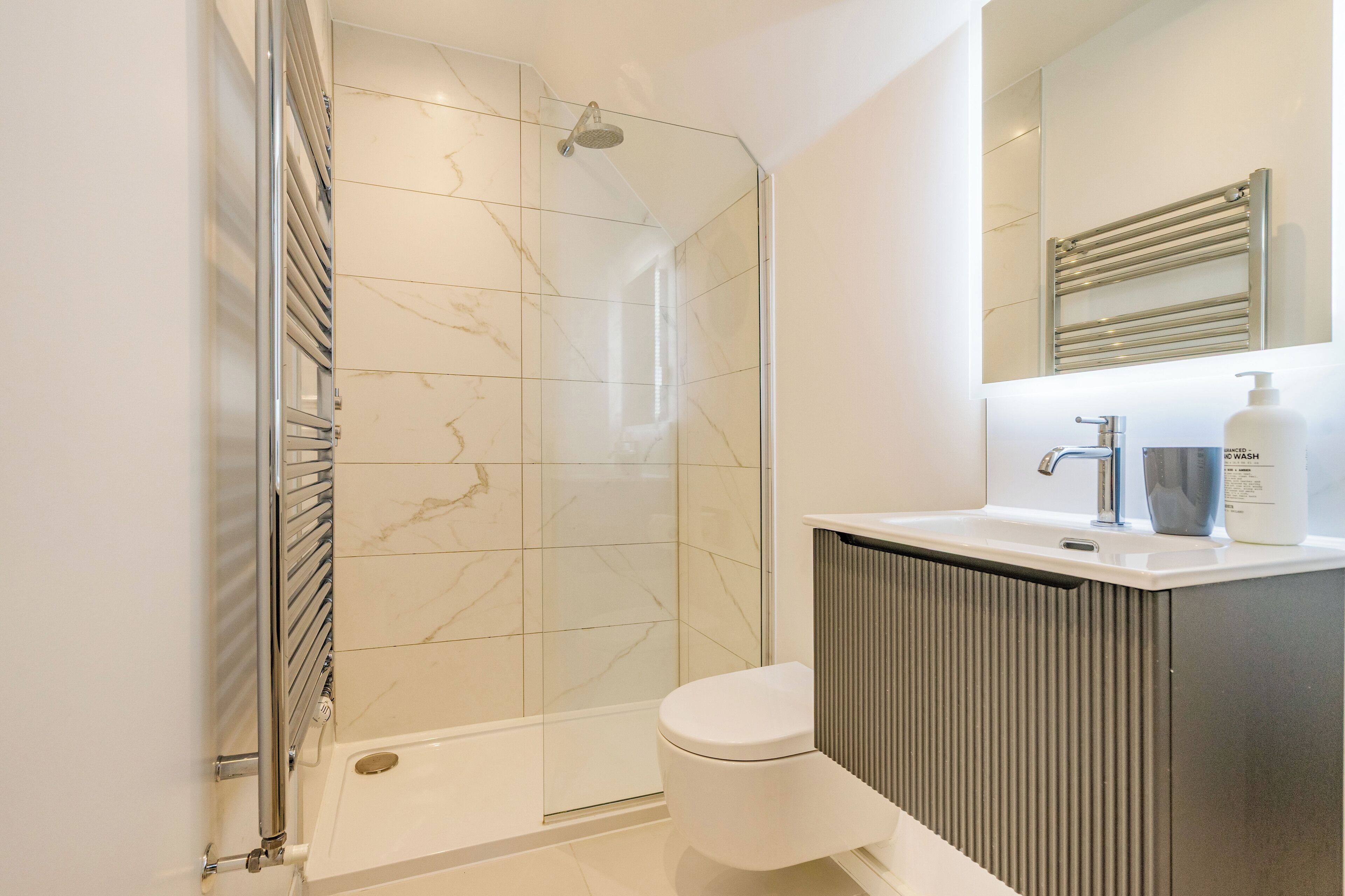 Hair dryer, towels, soap, toilet paper