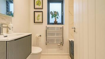 Hair dryer, towels, soap, toilet paper