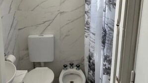 Une salle de bain avec des toilettes, un bidet et des murs en marbre.