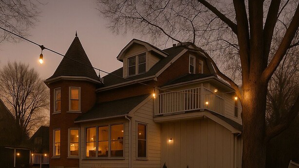 A house with a fire pit and Adirondack chairs in the yard. - Muskoka Stay in Downtown Huntsville with Firepit (Huntsville)